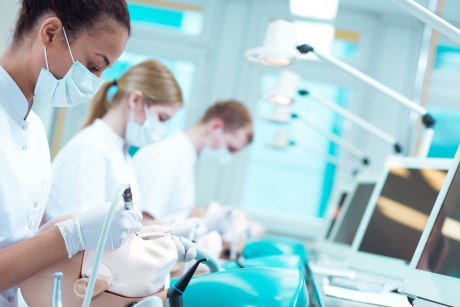 Zahnmedizinische Studenten an Versuchspuppe