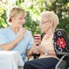 draußen im Grünen, weibliche Pflegeperson füttert alte Frau im Rollstuhl 
