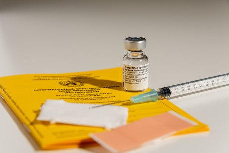 Ampulle, Pflaster und Spritze auf gelbem Impfausweis
